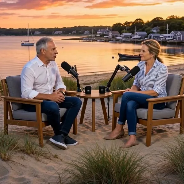 Stephen Webster recording a Beachside Chats conversation on the shore at sunset